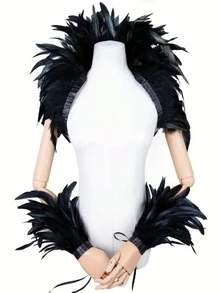 3pcs Gothic Halloween Costume Black Dark Feather Shawl, Arm Sleeves, Witch/King Cosplay Accessories For Carnival Party, Bar Performance - 黑色 - 查看 4