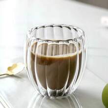 Set Of 6 Egg-Shaped Double-Layered Glass Cups, Vertical Stripe Design, Cold And Scald-Proof, Made Of Borosilicate Glass, Heat And Cold Resistant, Dishwasher Suitable, 250 Ml/8.5 Oz, Small Coffee Cups, Latte Cups, Also Suitable For Cappuccino, Tea, And Espresso - 無色 - 查看 3