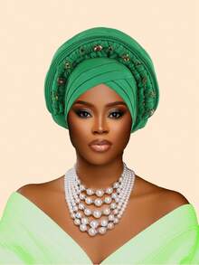 1件重工镶钻多层非洲尼日利亚婚礼头巾，适合婚礼、母亲节礼物、睡帽 - 彩色 - 查看 3