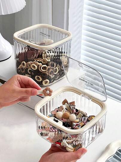 1 pieza/2 piezas Caja de almacenamiento transparente para accesorios de cabello de niños, caja de clasificación para pinzas, diademas y bandas para el cabello de niñas, cubo transparente para bandas elásticas y joyas para el cabello, tapa elástica de presión, fácil de usar, caja de gran capacidad para accesorios de cabello, frasco de almacenamiento multiusos, adecuado para baño, dormitorio y campus universitario. (Consejo: Hay un video de instalación en la página de inicio)