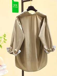 前短后长口袋纽扣休闲简约设计衬衫 - 杏色 - 查看 2