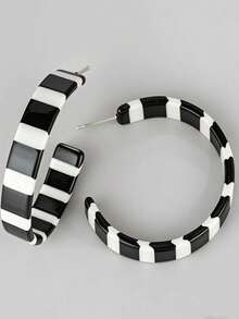 2pcs Casual Women C-Shaped Hoop Earrings, Black And White Zebra Stripe Acrylic, Fashionable Jewelry For Party And Everyday - 彩色 - 查看 6