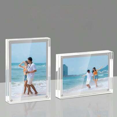 1 件亚克力相框，强磁性照片/名片夹，水晶般透明的垂直展示架，配有坚固的底座，可放置照片、证书、海报 - 耐用的桌面整理器
