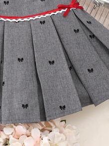 2件套少女时尚无袖领上衣和蝴蝶结刺绣蕾丝荷叶边百褶裙套装，夏季 - 酒紅色 - 查看 6