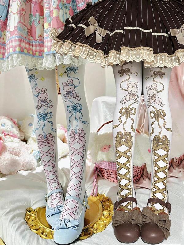 1 para oryginalnych skarpetek Dreamy Doll Sweet Lolita, 60D aksamitne rajstopy z kokardką i króliczkiem, upiększające nogi