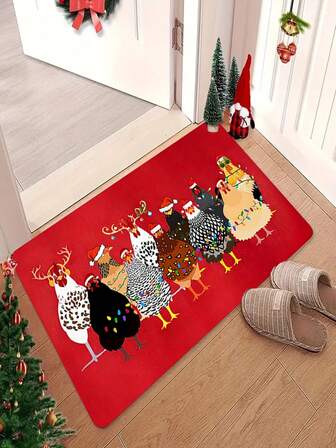 1/2pcs Christmas Chicken Pattern Entrance Door Mat, Fun Farm Animal Bathroom Mat, Kitchen Floor Mat, Suitable For Kitchen/Living Room/Bathroom/Foyer And Living Room Holiday Decoration, A Gift For Farm Enthusiasts