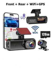 4K Ultra HD Dash Cam, Dual Front And Rear Cameras, Includes 64GB SD Card, Built-In WiFi, 1.47" IPS Screen, Night Vision, 170° Wide Angle, WDR, 24-Hour Parking Monitoring, Mobile App Control, Adhesive Backing, Suitable For All Vehicles, Car Safety Camera | Modern Auto Accessories | Supports WiFi, Car Dash Cam