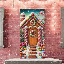 2D Door Hanging Decor, 1pc Christmas Door Hanging Backdrop 35.4x70.8 Inch Vivid Polyester Fiber Holiday Decoration, Featuring Red Star Sky, Gingerbread House And Snowy Landscape Design, No Power Needed, Suitable For Porch, Party, Wedding, Birthday, Front Door And More, 2D Flat Design