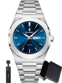 POEDAGAR 男士商务日期星期不锈钢石英表，时尚防水夜光男士腕表，休闲男士腕表，适合日常佩戴，节日男士礼物