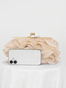 Women's Elegant Floral Petal Clutch Bag, Ruffle Design Handbag For Evening Party, Apricot Color Purse, Suitable For Wedding/Vacation/Formal Event/Prom, Comes With Chain Strap, Random Petal Shape, Wedding Items - Apricot - View 8