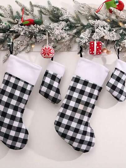 尺码 S/L，圣诞袜，黑白格子袜，用于悬挂楼梯和壁炉上的圣诞家居装饰