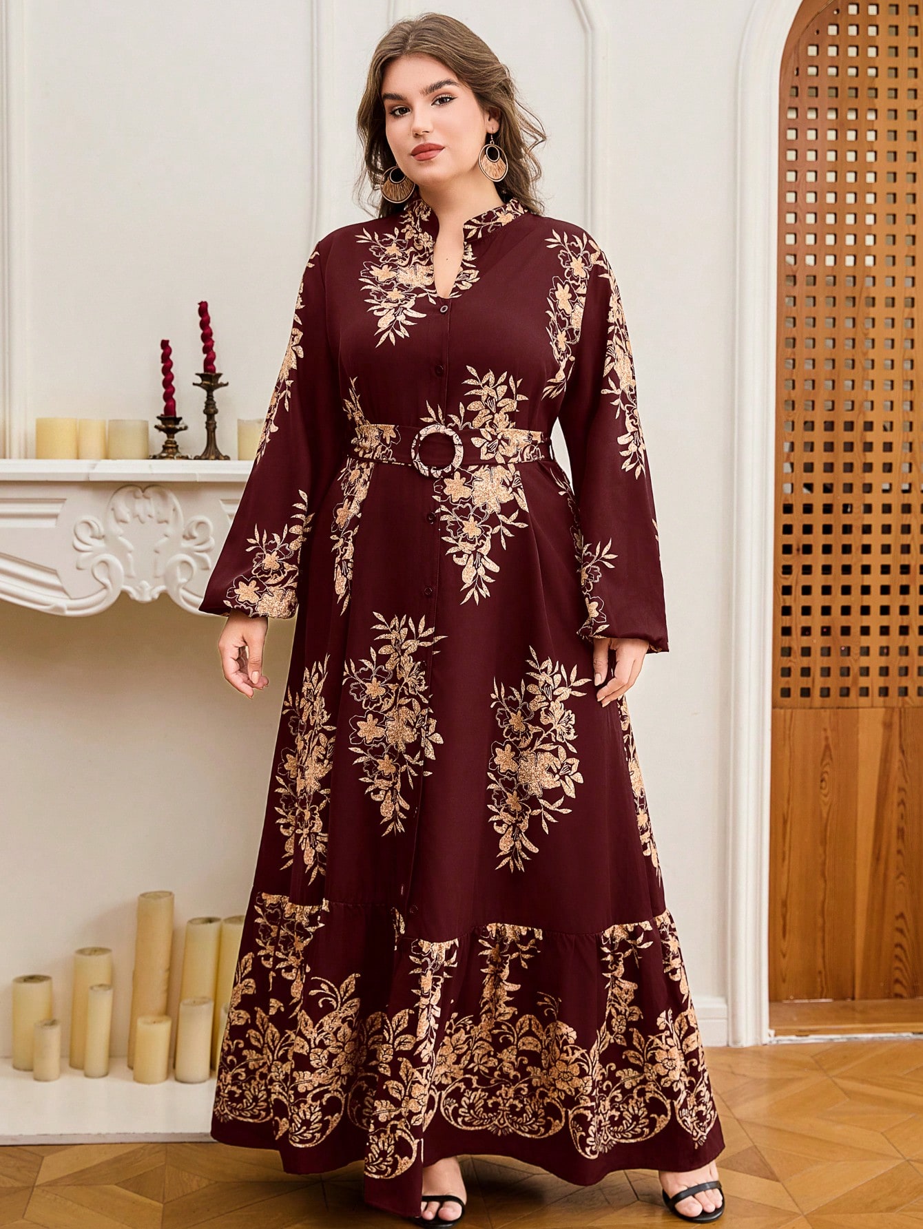 DEARCASE فستان بأكمام فوانيس مطبوع بالزهور مقاس كب...