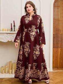 DEARCASE Plus Size Floral Print Lantern Sleeve Dress - Burgundy - View 3