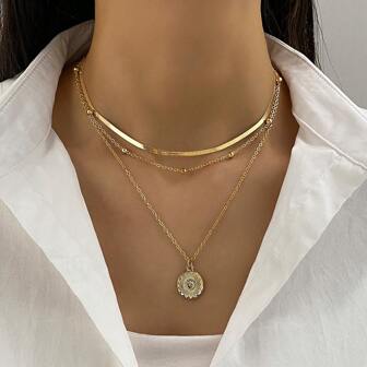 1 件多层蛇链金色珍珠太阳吊坠项链，女士珠宝，适合日常佩戴