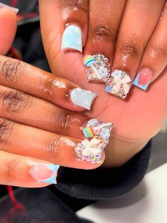 24Pcs Long Coffin Press-On Nails, Baby Blue French Tips On Nude, 3D Bow, Flower, Lollipop & Rhinestone Bling, Comfortable Fit, Easy Apply, Long-Lasting Shine, For All Women, Parties & Daily Wear, With Jelly Glue & File Nail Supplies Nails