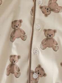 2pcs Girls Bear Print Long Sleeve Pajama Set, Cute Sleepwear Outfit Suitable For 4-7 Years Old Girls Everyday Wear - Beige - View 4