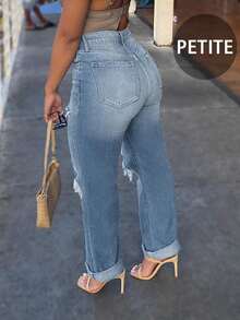 Retro Distressed Straight Leg Loose Wide Leg Jeans For Petite Women, Casual Street Style, All Season - Light Wash - View 2