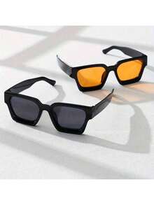 2 Pieces Of Women's Acrylic Casual Rectangular Fashion Glasses, Black + Silver / Black + Brown, Two Combinations To Choose From, Suitable For Festival Outings And Beach Parties, Suitable For Summer Beach Vacations, Outdoor, Travel - đen + cam - Xem 11