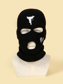1pc/2pcs Men's Black Knitted Balaclava Ski Mask With Gun & Broken Heart Embroidery-Great For Winter, Skiing, Snowboarding, Cosplay, Streetwear