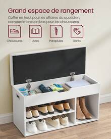 VASAGLE Banc à Chaussures Rembourré, Banc de Rangement, Rangement Caché, Étagères, Meuble d'Entrée, Capacité de Charge 136 kg, 30 x 80 x 44 cm, Blanc - Blanc - Voir 3