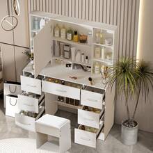 Tocador con espejo y taburete, 10 luces LED y apertura automática - Perfect For Organizing Makeup, Skincare, Elegant Vanity|Decorative Vanity, Vanity Furniture, Compact For Small Space, Bedroom Decor Gift, Perfect Gift For Women Girls , Ideal para regalos de Navidad y Halloween. - Blanco - Ver 4