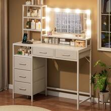 Vanity Desk With Mirror And Lights, 3 Color Modes With Adjustable Brightness, 5 Spacious Fabric Drawers & Open Storage Shelves, Modern Makeup Vanity Table For Bedroom - 查看 7