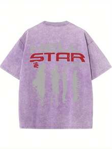 100% Pure Cotton  STRR Double-Sided Printed T-Shirt - Soft, Breathable, And Comfortable For Casual Wear - 紫色 - 查看 2