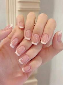 24pcs Short Square Shape Nail Tips With Minimalist Color Block & Fun Print Designs, Including 1pc Nail File & 1pc Jelly Glue Press On Nails Nail Supplies - Màu Hồng baby - Xem 3