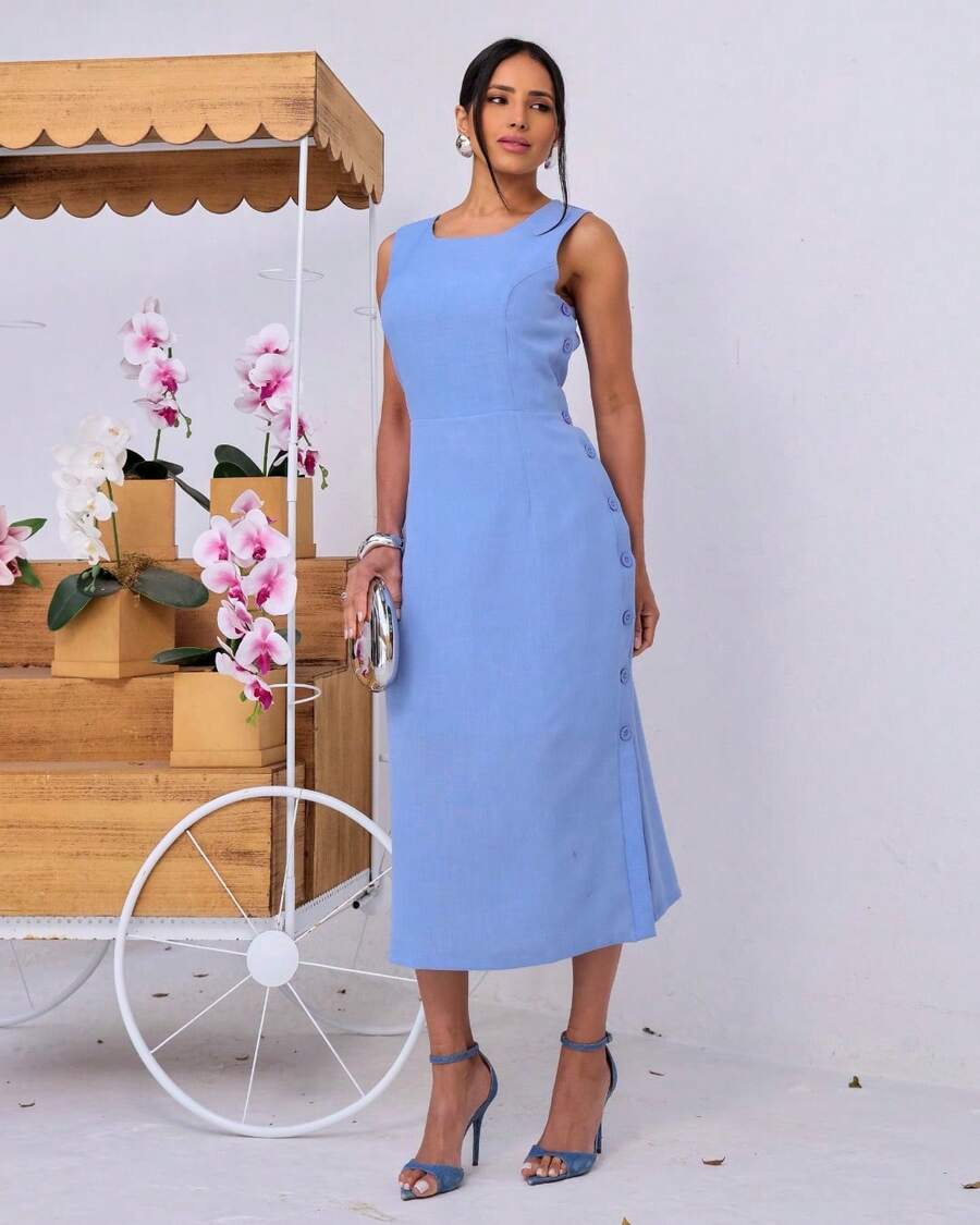 Women's Midi Dress Elegant Casual Buttons Front Simple Button - Baby Blue - View 1