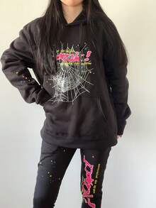 Y2K Hoodie Set Cobweb Spider Style Hoodie Pant Casual Tracksuit Long Sleeve Athletic Suit