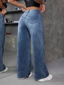 百搭休闲时尚春秋休闲优雅牛仔学院风度假日常旅行机场女式蓝色直筒牛仔裤 - 深色水洗藍 - 查看 6