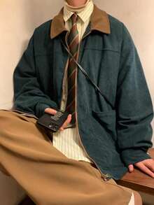 Men's Fashionable Retro Jacket, Corduroy Contrast Color Lapel Casual Loose Fit Workwear Jacket, Suitable For Casual Outings, College Style , Fall