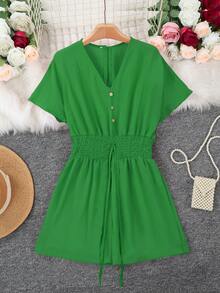 Bộ đồ liền thân cổ chữ V màu trơn đơn giản dành cho nữ - màu xanh lá - Xem 4