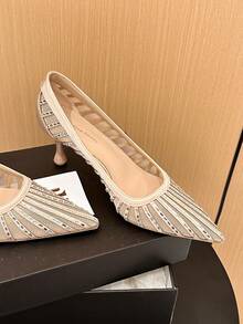 Xin Jing Shoes Women's Fashion Versatile Mesh Pointed Toe High Heel Pumps, Suitable For Commuting And Wedding - Khaki - View 11