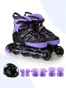一套 FREE STAR 运动软皮 PU 直排轮滑鞋，带闪光轮，适合初学者，尺码可调节，包含头盔、护肘、护膝、手套，时尚户外专业运动鞋 - 紫色 - 查看 1