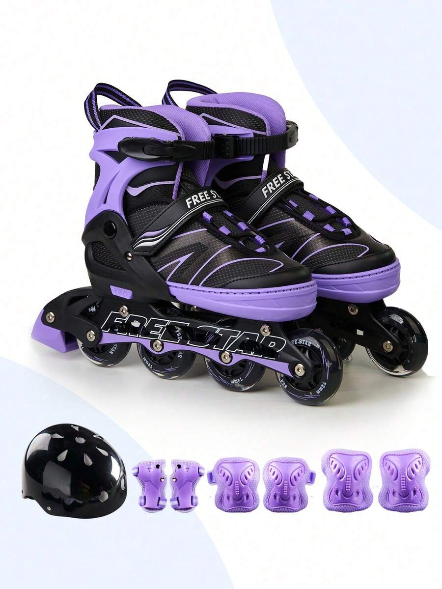一套 FREE STAR 运动软皮 PU 直排轮滑鞋，带闪光轮，适合初学者，尺码可调节，包含头盔、护肘、护膝、手套，时尚户外专业运动鞋 - 紫色 - 查看 1