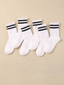12 Pairs Kids' Striped High Ankle Sports Socks, Black & White, Autumn/Winter Style - Multicolor - View 4