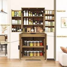 Fluted Pantry Cabinet,Kitchen Pantry Storage Cabinet With Drawer And Adjustable Shelves,  Sliding Storage Rack, And 7 Hanging Shelves,Pantry Cabinet For Kitchen, Bathroom Or Hallway, White,Natural Oak - 黃橡木 - 查看 7