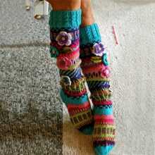 Women's Thigh High Socks Over The Knee Cable Knit Boot Socks, Boho 3D Flower Multicolour Embroidery Long Stcokings Winter Warm Christmas Holiday Leg Warmers
