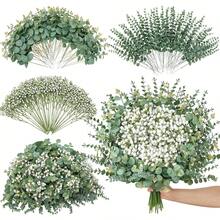 200 Pcs Mixed Artificial Eucalyptus Stems,Babys Breath Artificial Flowers Bulk With Faux Eucalyptus Leaves Greenery Stems For Wedding DIY Bouquets Floral Arrangement Home Decor
