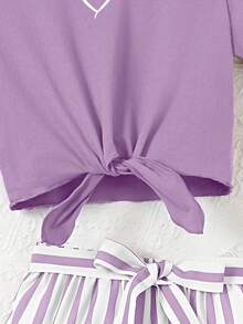 2pcs Tween Girls Casual Daily Love Print Short Sleeve T-Shirt + Striped Printed Shorts Set With Random Striped Belt - Purple - View 5