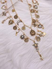 1 件复古小众高端设计合金脸、太阳、月亮、星星流苏项链，适合女士 - 雙層星月項鍊 - 查看 6