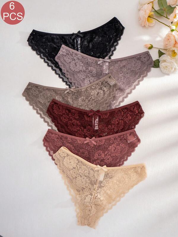 Paquete de 6 bragas de bikini cómodas de unicolor con lazo de encaje para mujer