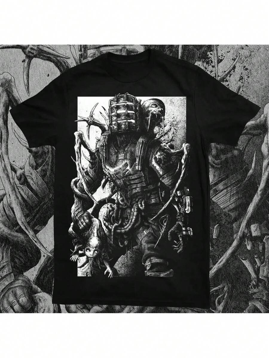 ABACROMBIE INK Men's Dead Space Graphic-Shirt - Black Sci-Fi Armor Print Casual Tee, Regular Fit Round Neck, Washable All-Season Shirt Adults, Adult Clothing, Detailed Print Quality, Everyday Tee, Gamer Apparel, Soft Fabric, Unisex Apparel, Streetwear Style - 黑色 - 查看 1