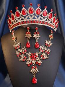 4件套时尚新娘皇冠项链耳环套装，锌合金头饰镶钻婚礼首饰套装，优雅婚礼配饰套装，情人节配饰 - 紅色 - 查看 21