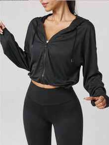 New Autumn Black Elastic Waist Short Hooded Sun Protection Jacket - Black - View 1