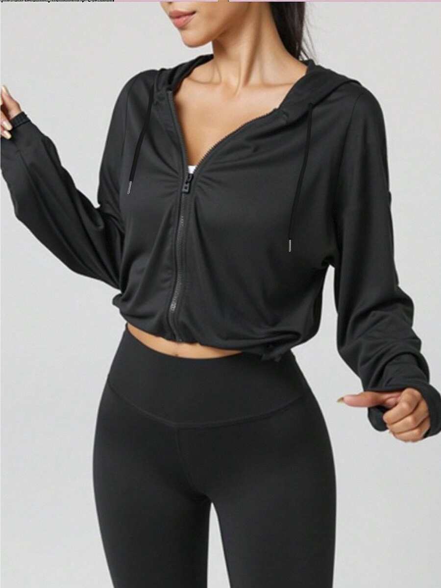 New Autumn Black Elastic Waist Short Hooded Sun Protection Jacket - Black - View 1