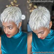 Grey Pixie Cut Wig Human Hair Straight Layered Glueless Pixie Wigs For Women Silvery Gray Color 100% Brazilian Human Hair Wig With Bangs 4 Inch 180% Density Perfect For Everyday & Cosplay & Parties & Music Festival - 灰色 - 查看 3