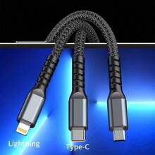 High-Speed 100W 3-In-1 Fast Charge Cable, Nylon Round USB Universal For Phone USB-C, Micro USB, Lightning Male-To-Male Data Sync & Charging Cord Compatible With IPhone, Android, Camera, MP3 Universal Adapter Charger Fast Charging - Black - View 6