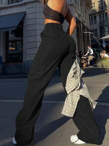 Women's Stylish And Chic Solid-Color Cargo Pants, Loose And Practical With Multiple Pockets, Sweet And Casual, Perfect For Street Style, Brunch, And Spring And Summer Outfits. - màu đen - Xem 5